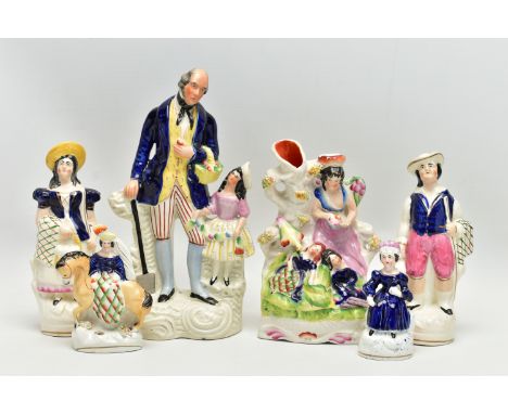 SIX VICTORIAN STAFFORDSHIRE POTTERY FIGURES AND GROUPS, comprising a seated female figure wearing a crown, height 11.5cm, a p