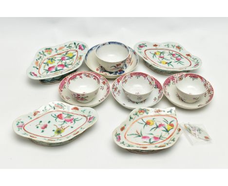 A COLLECTION OF LATE 18TH AND 19TH CENTURY CHINESE PORCELAIN, comprising four famille rose footed dishes, decorated with frui