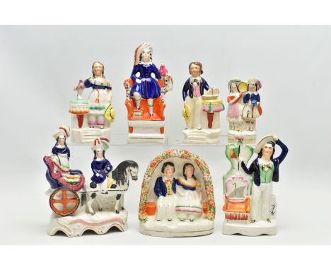 SEVEN VICTORIAN STAFFORDSHIRE POTTERY FIGURES AND GROUPS, comprising a group of Prince of Wales and Princess Royal riding on 