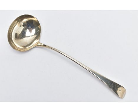 A GEORGE III SILVER OLD ENGLISH PATTERN SOUP LADLE, engraved initial 'N', maker's mark partially rubbed , probably William El