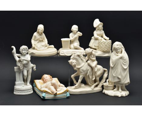 FIVE VARIOUS 19TH AND EARLY 20TH CENTURY PARIAN FIGURES AND TWO CONTINENTAL BISQUE FIGURES, comprising a W.H. Goss figure of 