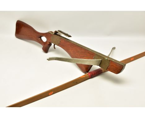 A MODERN CROSSBOW AND MODERN LONG BOW,  both minus their draw strings, a modern aluminium bow with draw string, an antique st