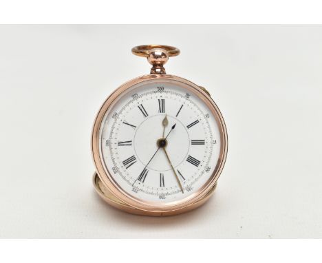 AN EARLY 20TH CENTURY YELLOW METAL KEY WOUND OPEN FACE POCKET WATCH, the white enamel dial with black Roman numerals, engine 