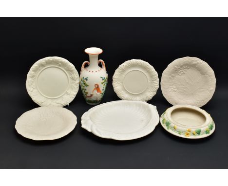 SEVEN PIECES OF VICTORIAN PARIAN PORCELAIN, comprising a twin handled vase relief moulded with Little Red Riding Hood and pai