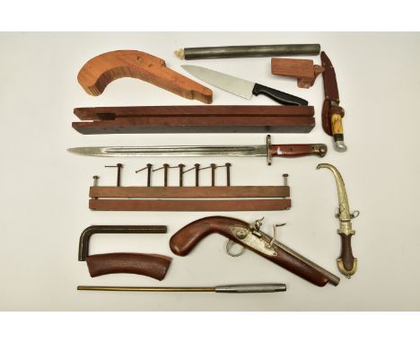 AN ARABIAN DESIGN SHEATH KNIFE, a  sheath knife in leather sheath, a bayonet marked 1907 Wilkinson, a reproduction non firing