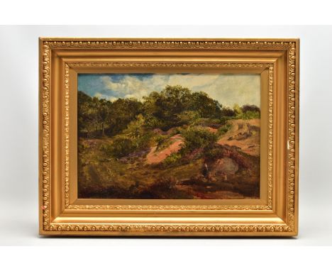 SIDNEY RICHARD PERCY (1821-1886) A BUCOLIC PASTORAL LANDSCAPE, figures are resting beside a pond while sheep graze a short di