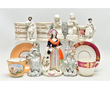 A GROUP OF 19TH AND EARLY 20TH CENTURY CERAMICS, comprising a family group of three hand painted British porcelain mugs, insc
