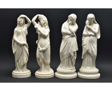 A PAIR OF 19TH CENTURY PARIAN FEMALE FIGURES OF COMEDY AND TRAGEDY, modelled as standing on a circular plinth style base, unm