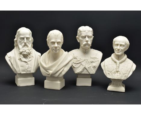 FOUR SMALL ROBINSON &amp; LEADBEATER PARIAN PORTRAIT BUSTS, all on integral square plinths, comprising Pope 'LEO XIII', heigh