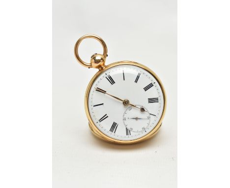 AN EDWARDIAN 18CT YELLOW GOLD KEY WOUND OPEN FACE POCKET WATCH, the white enamel dial with black Roman numerals, subsidiary d