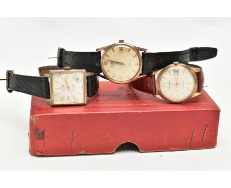 THREE WATCHES, to include a 1960s 9ct yellow gold manual wind GARRARD wristwatch, cream dial with gilt hourly applied markers
