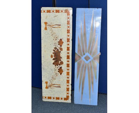 TWO EARLY 20TH CENTURY RECTANGULAR ENAMEL PANELS, one of Art Deco style with a geometric design on a pale blue tile effect ba