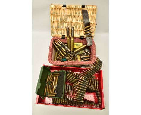 A HAMPER AND CONTAINER OF INERT METALLIC CARTRIDGE CASES, they include a large quantity of 7.62 NATO cases and blanks in mach