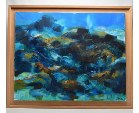 GRAHAM BENTON R.B.S.A (BRITISH 1934-2022) 'HELLS MOUTH', AN ABSTRACT COMPOSITION, a Cornish coastal landscape, signed and dat