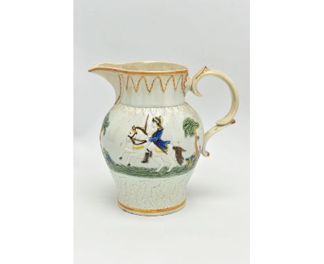 A LATE 18TH / EARLY 19TH CENTURY PRATTWARE JUG COMMEMORATING THE DUKE OF YORK, the pearlware jug moulded in relief with bands