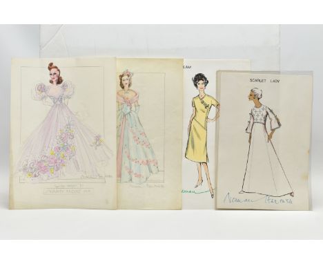 NORMAN HARTNELL (1901-1979) Four signed dress designs, two pencil and watercolours of floral full length evening dresses from