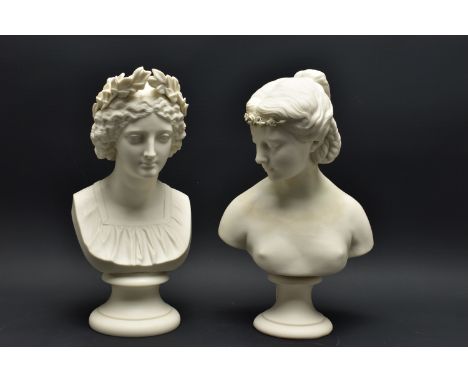 A 19TH CENTURY PARIAN BUST OF PEACE, PROBABLY WORCESTER AND A W.H. GOSS PARIAN BUST OF CLYTIE, both busts on socle bases, Cly