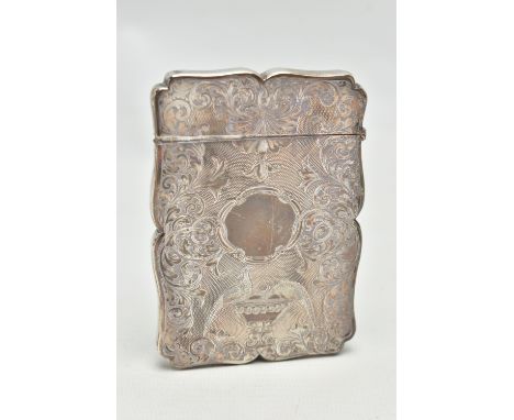 A VICTORIAN SILVER CARD CASE BY NATHANIEL MILLS, of wavy rectangular outline, hinged top, engine turned and engraved to both 