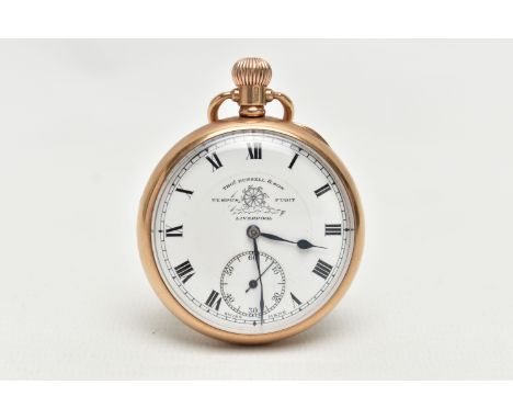 AN EARLY 20TH CENTURY 9CT YELLOW GOLD MANUAL WOUND OPEN FACE POCKET WATCH, the white dial, with black Roman numerals, subsidi