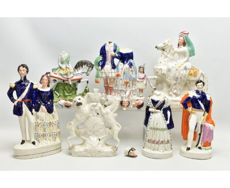 SEVEN VICTORIAN STAFFORDSHIRE POTTERY FIGURES AND GROUPS, mostly British and European royalty portrait figures, including 'Em