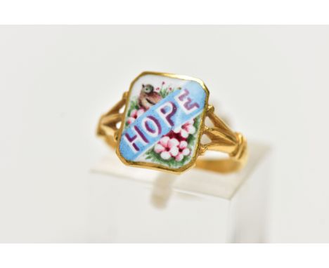 AN EARLY 20TH CENTURY YELLOW GOLD ENAMEL SWEETHEART RING, the rectangular-shape enamel panel reading Hope together with a you