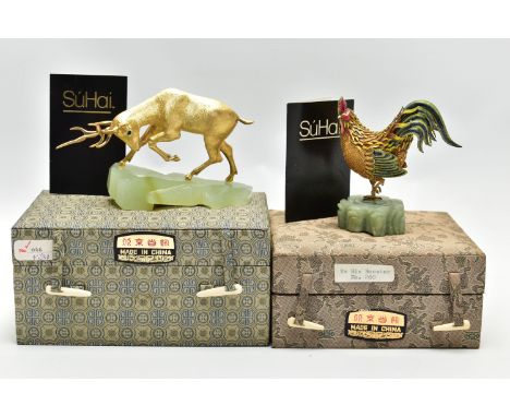 TWO BOXED SÚHAI CHINESE SILVER GILT LIMITED EDITION FIGURES, comprising the 'Ta Bia Mountain Rooster' with enamel decoration,