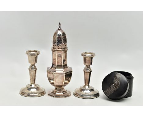 AN ELIZABETH II SUGAR CASTER, A PAIR OF CANDLESTICKS AND AN EBONY BOX, the octagonal silver sugar caster hallmarked 'Viners L