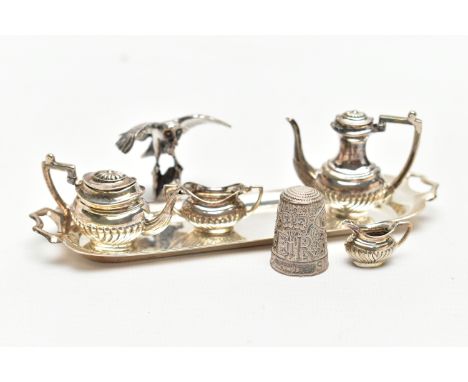 AN ELIZABETH II MINIATURE SILVER FOUR PIECE TEA AND COFFEE SET ON TRAY, makers A Marston &amp; Co, Birmingham 1973, 2.13ozt, 