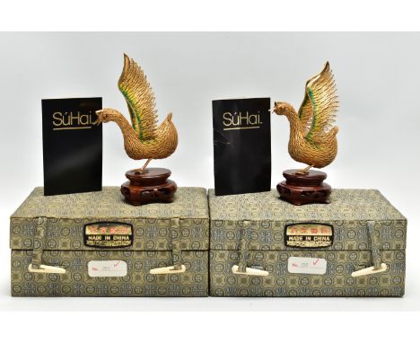 A PAIR OF BOXED SÚHAI CHINESE SILVER GILT AND ENAMEL LIMITED EDITION TONG TING GEESE MOUNTED ON WOODEN BASES,  no's. 251 &amp