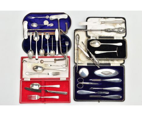 A PARCEL OF CASED AND LOOSE SILVER, including a pair of Edwardian steel boot pulls with silver handles, engraved monograms, m