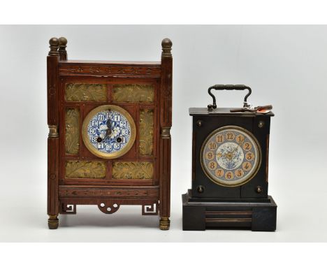 TWO AESTHETIC MANTEL CLOCKS, the larger one of rectangular form with brass finials to the corner uprights, the front of the c