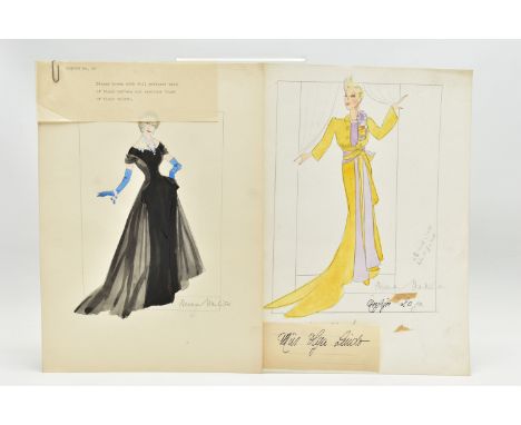 NORMAN HARTNELL (1901-1979) Two signed pencil, watercolour and gouache dress designs, one for the actress 'Miss Olga Lindo' (