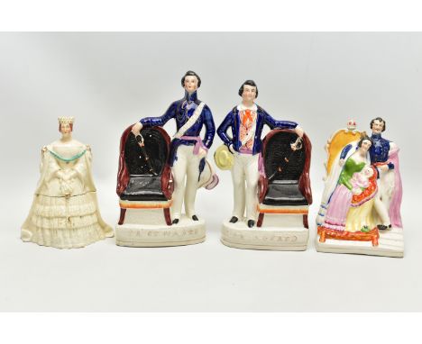 THREE VICTORIAN STAFFORDSHIRE POTTERY PORTRAIT FIGURES AND A SIMILAR JAR AND COVER, the figures comprising a pair titled 'PR 