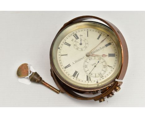A DUTCH MARINE CHRONOMETER BY 'A. HOHWÜ AMSTERDAM', the copper finish casing with gimbal frame, silvered 10.5cm dial with Rom