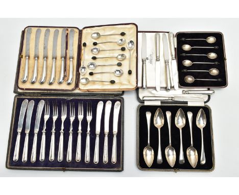 A PARCEL OF CASED AND LOOSE SILVER AND SILVER HANDLED CUTLERY AND FLATWARE, comprising a cased set of six Asprey pistol handl