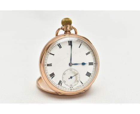 AN EARLY 20H CENTURY 9CT GOLD MANUAL WOUND OPEN FACE POCKET WATCH, the white enamel dial with black Roman numerals, blue stee