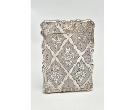 A VICTORIAN SILVER CARD CASE BY NATHANIEL MILLS, of scrolled rectangular outline, hinged top with engraved initials to the ca