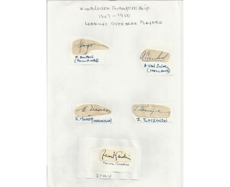 Tennis Wimbledon 1940s Overseas Players collection signed on small signature pieces light fixed to white page with names anno