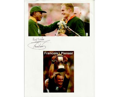 10 Famous Rugby Legends collection signed on cards, magazine photos light fixed to white page with names annotated to top Fra