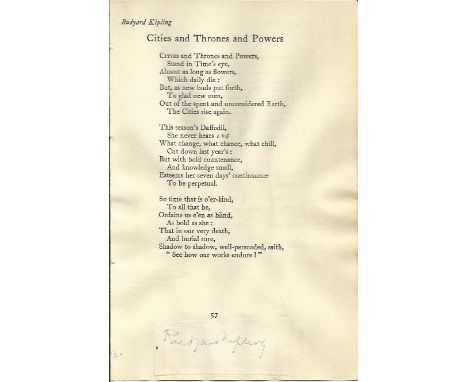 Rudyard Kipling & Laurence Bunion.  A signature piece from a letter affixed to Kipling’s poem ‘Cities and Thrones and Powers’
