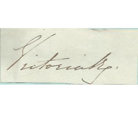 Queen Victoria clipped signature piece about 2 x 1 inches, light fixed to left edge to larger blue page. Good condition