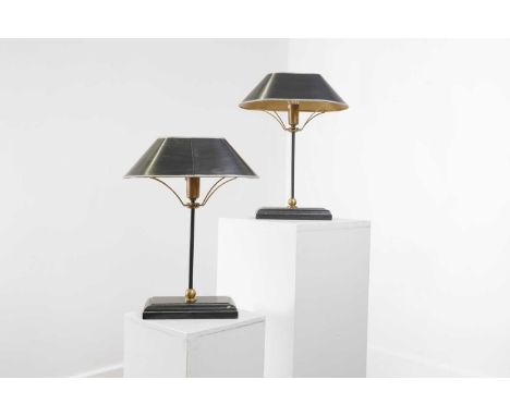 A pair of Art Deco-style painted metal table lamps by OKA, of recent manufacture, each with a silver-rimmed black shade and b