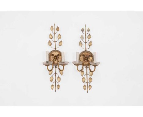 A pair of gilt-metal and glass wall lights, second half of the 20th century, Italian, in the style of Maison Baguès of Paris,