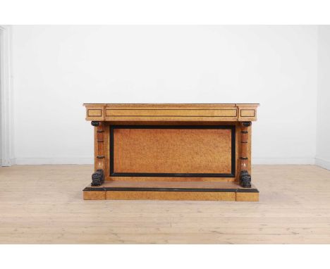 A Charles X-style simulated maple console table, 20th century, Continental, with ebonised detail and swan's-head supports, ra