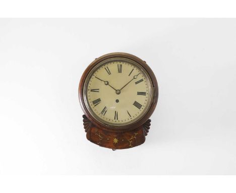 A brass and mahogany drop-dial wall clock, 19th century, the 7½-inch painted dial with Roman numerals, enclosing a single fus