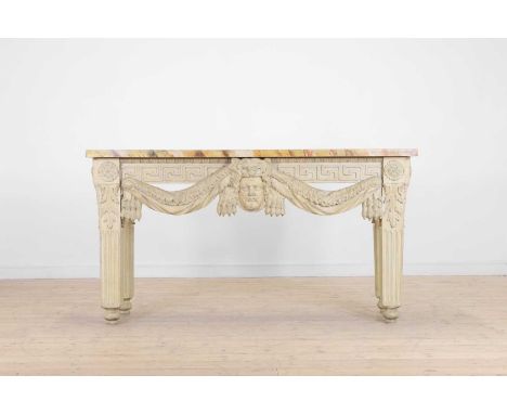 A George II-style carved and painted pine console table in the manner of William Kent, 20th century, the simulated Siena marb