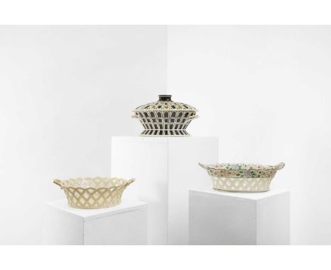 A group of three creamware baskets, late 18th/early 19th century, comprising a covered example, with painted enamel decoratio