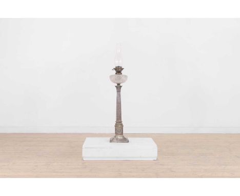 A Victorian silver-plated oil lamp, maker's marks 'H E &amp; Co.',with engraving 'Presented to Illingworth Robertsham Esq. by