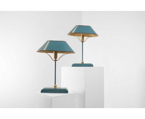 A pair of Art Deco style toleware table lamps by OKA, of recent manufacture, each with a red-rimmed teal shade and base,19.5c