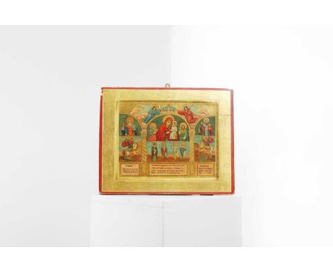 An icon of the Mother of God, late 19th/early 20th century, Russian, surrounded by saints, with architectural detail, tempera